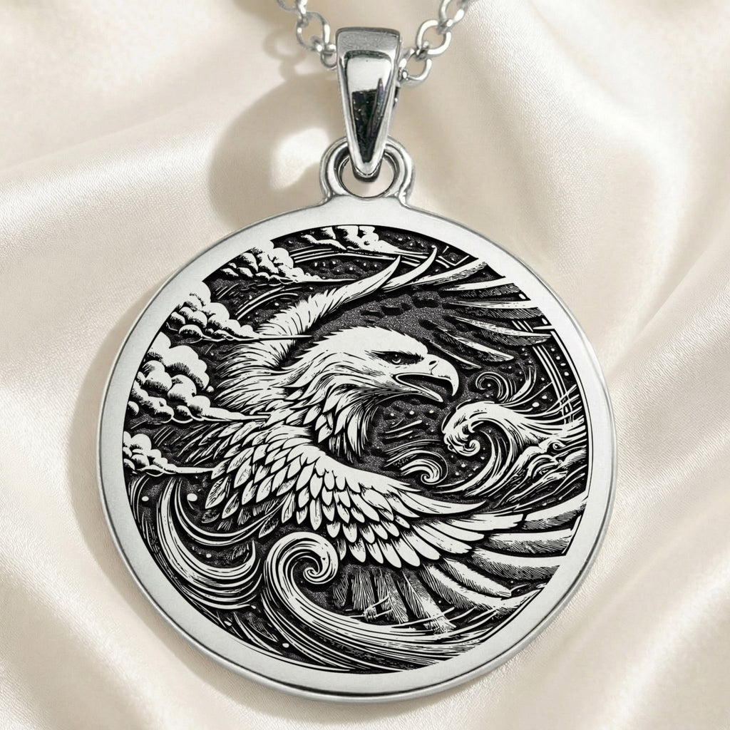 Eagle Totem Coin Necklace Necklaces 925 925 Sterling Silver eagle with wings design pendant necklace on silk background