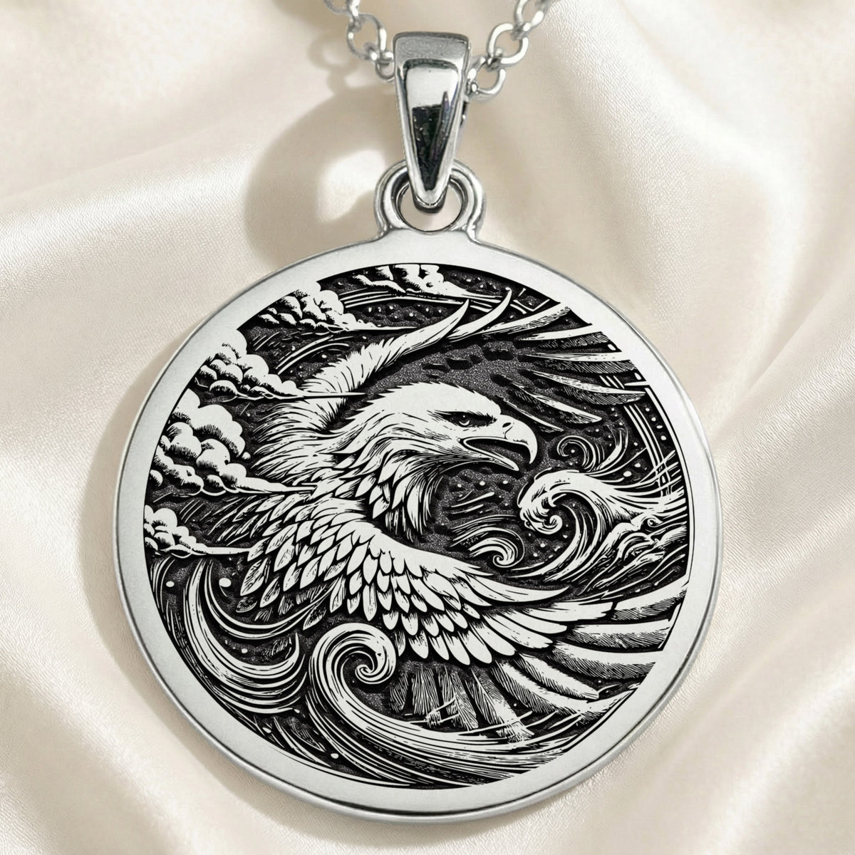 Eagle Totem Coin Necklace Necklaces 925 925 Sterling Silver eagle with wings design pendant necklace on silk background