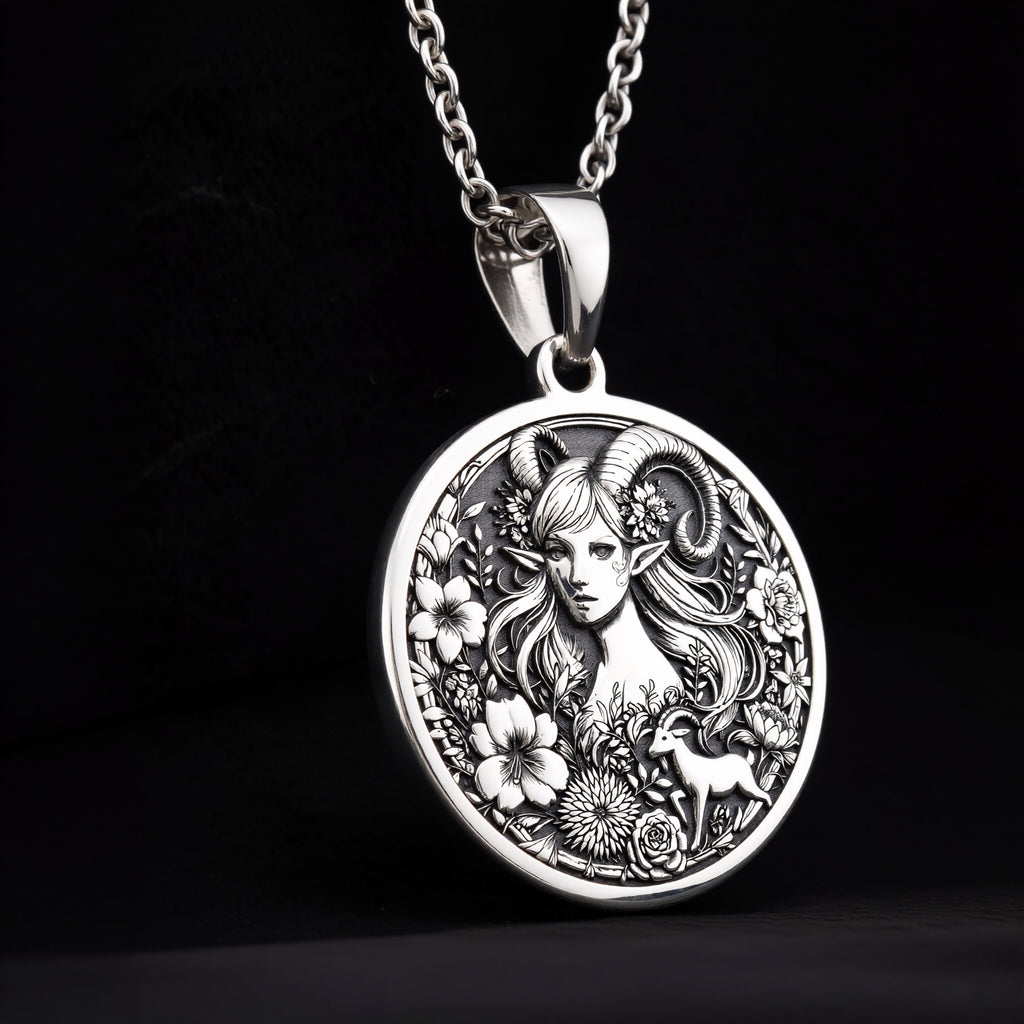 Capricorn Sea Goat Tail Zodiac Necklace Pendants 925 925 Sterling Silver round pendant featuring a detailed female face surrounded by floral and ram motifs necklace