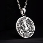 Capricorn Sea Goat Tail Zodiac Necklace Pendants 925 925 Sterling Silver round pendant featuring a detailed female face surrounded by floral and ram motifs necklace