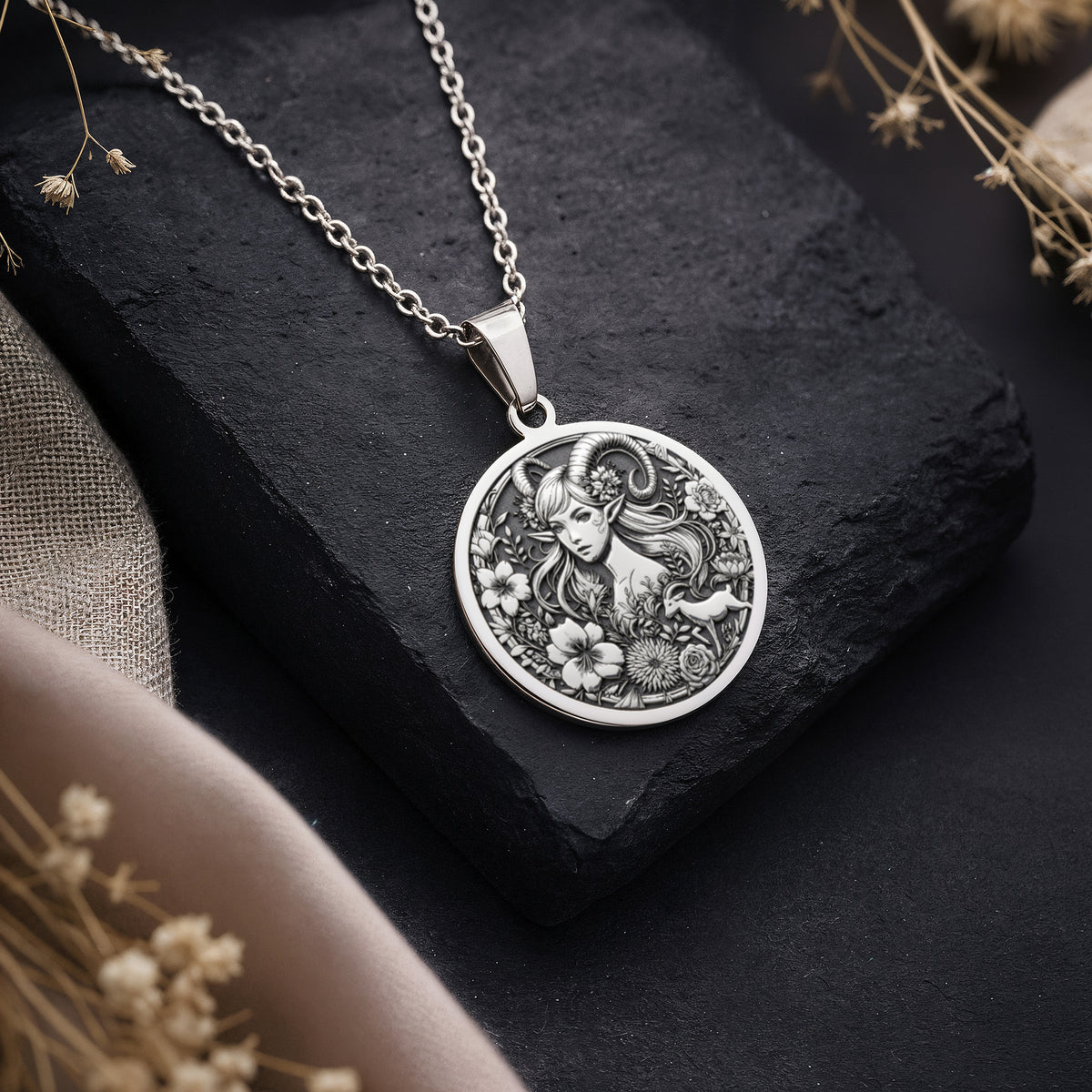 Capricorn Sea Goat Tail Zodiac Necklace Pendants 925 925 Sterling Silver engraved portrait pendant with floral design necklace
