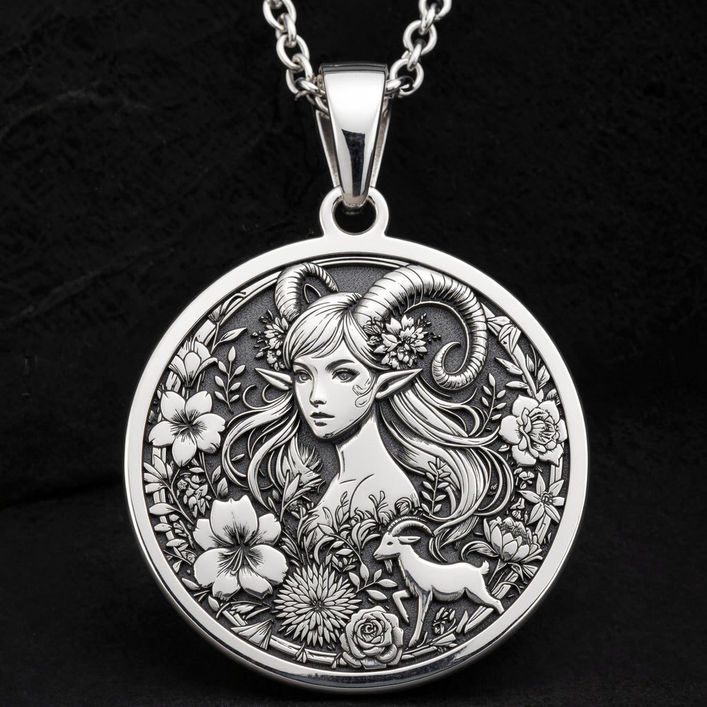 Capricorn Sea Goat Tail Zodiac Necklace Pendants 925 925 Sterling Silver sterling silver round pendant featuring a stylized female face with floral and deer design
