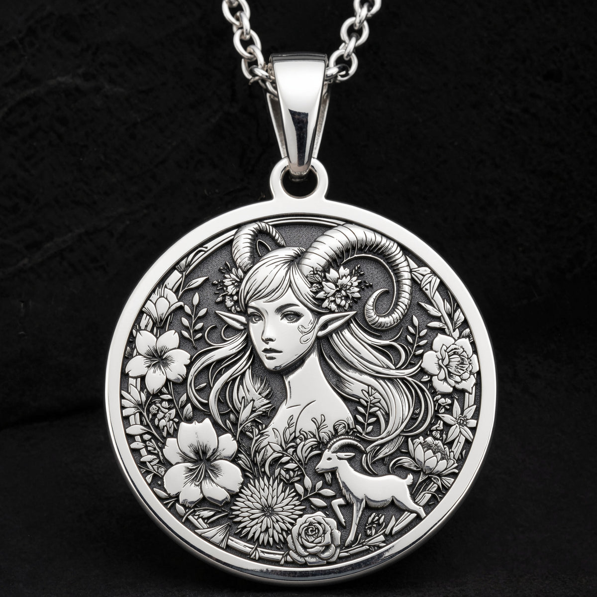 Capricorn Sea Goat Tail Zodiac Necklace Pendants 925 925 Sterling Silver sterling silver round pendant featuring a stylized female face with floral and deer design