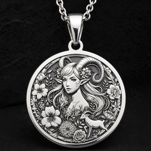 Capricorn Sea Goat Tail Zodiac Necklace Pendants 925 925 Sterling Silver sterling silver round pendant featuring a stylized female face with floral and deer design