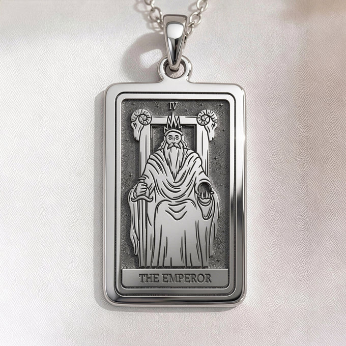 Silver plated Emperor Tarot necklace. Occult Arcana talisman jewelry for tarot readers and mystical symbols.