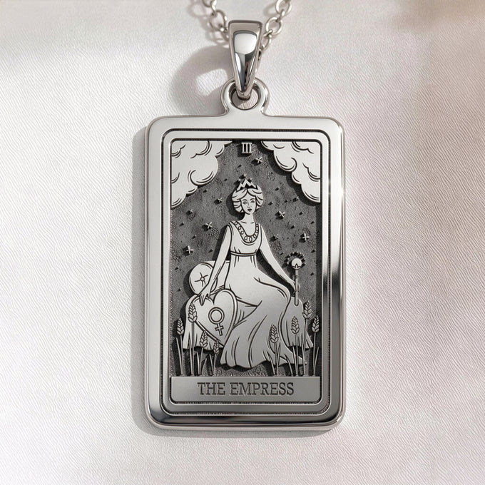 Empress Tarot Necklace featuring divine feminine design in silver, gold plated, or rose gold plated options. Elegant tarot jewelry.