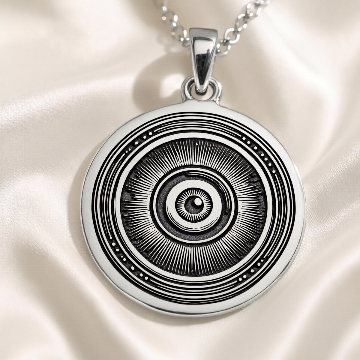 925 925 Sterling Silver Evil Eye Pendant Necklace Necklaces Oxidized silver sunburst geometric pendant necklace with detailed radial lines.