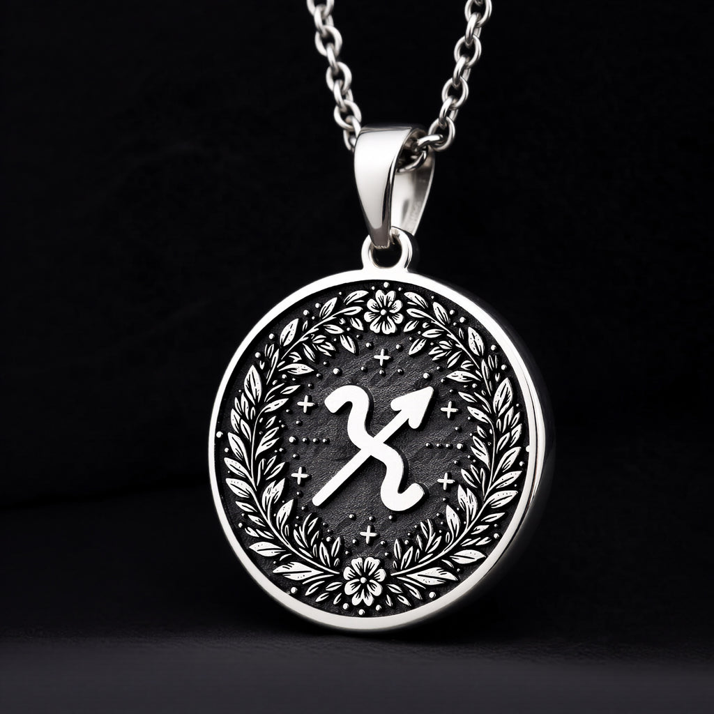 925 Sterling Silver Sagittarius Zodiac Medallion featuring the archer symbol inside a laurel wreath. This celestial coin pendant is engravable, a premium personalized astrology gift.