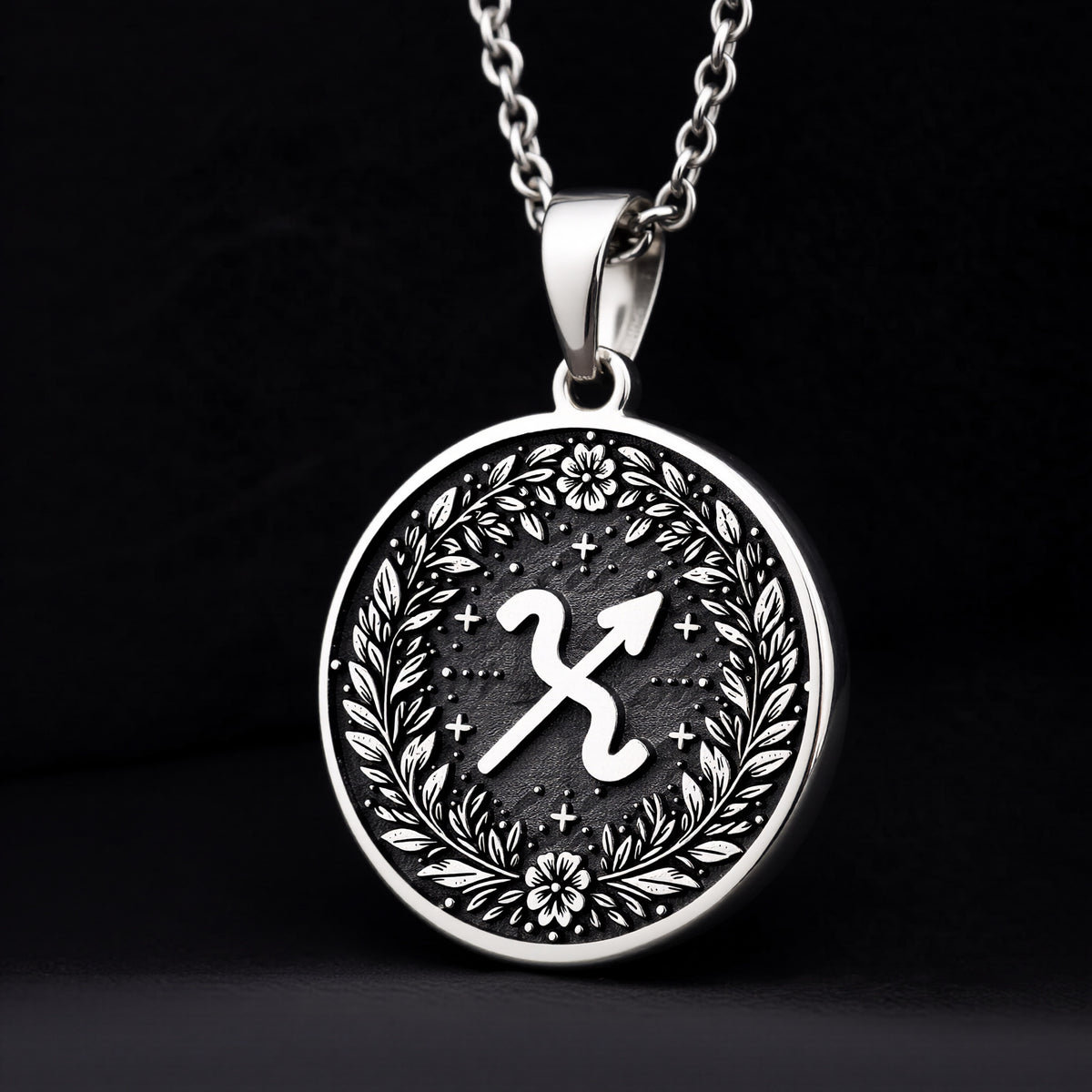 925 Sterling Silver Sagittarius Zodiac Medallion featuring the archer symbol inside a laurel wreath. This celestial coin pendant is engravable, a premium personalized astrology gift.