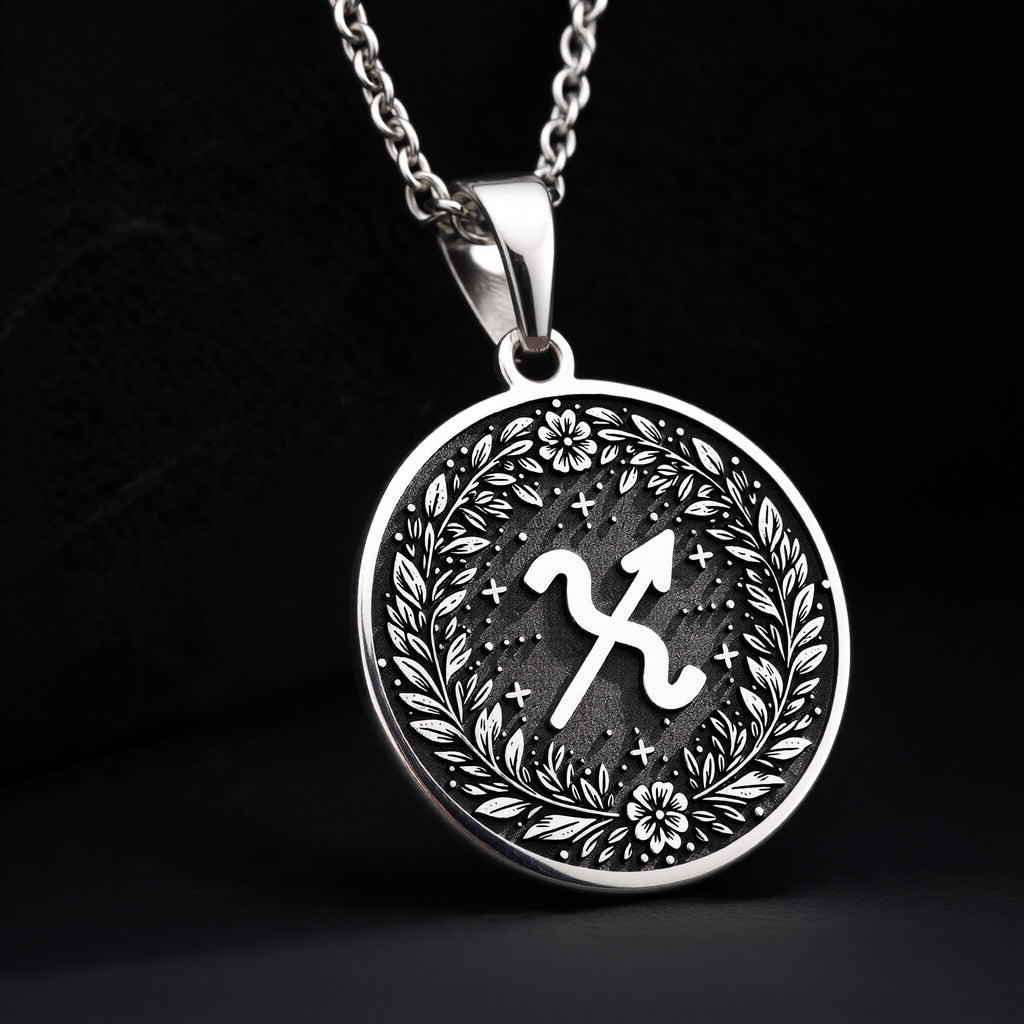 Personalized Sterling Silver Sagittarius Necklace with its classic glyph and wreath details. This spiritual and engravable pendant is a perfect custom gift for astrology enthusiasts.