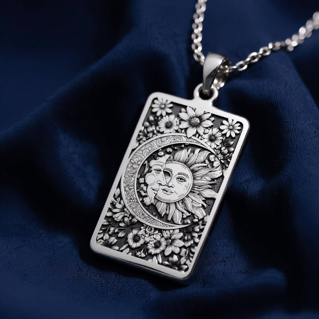 Sterling silver Sun Moon Celestial Pendant: rectangular tarot  The Star card with engra...