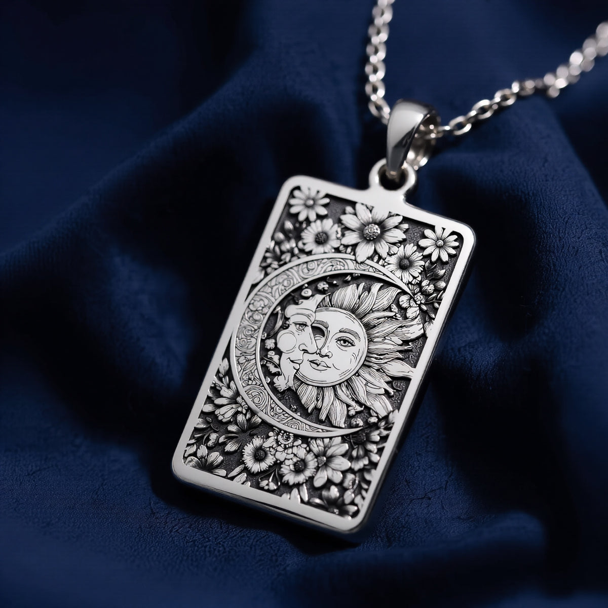 Sterling silver Sun Moon Celestial Pendant: rectangular tarot  The Star card with engra...