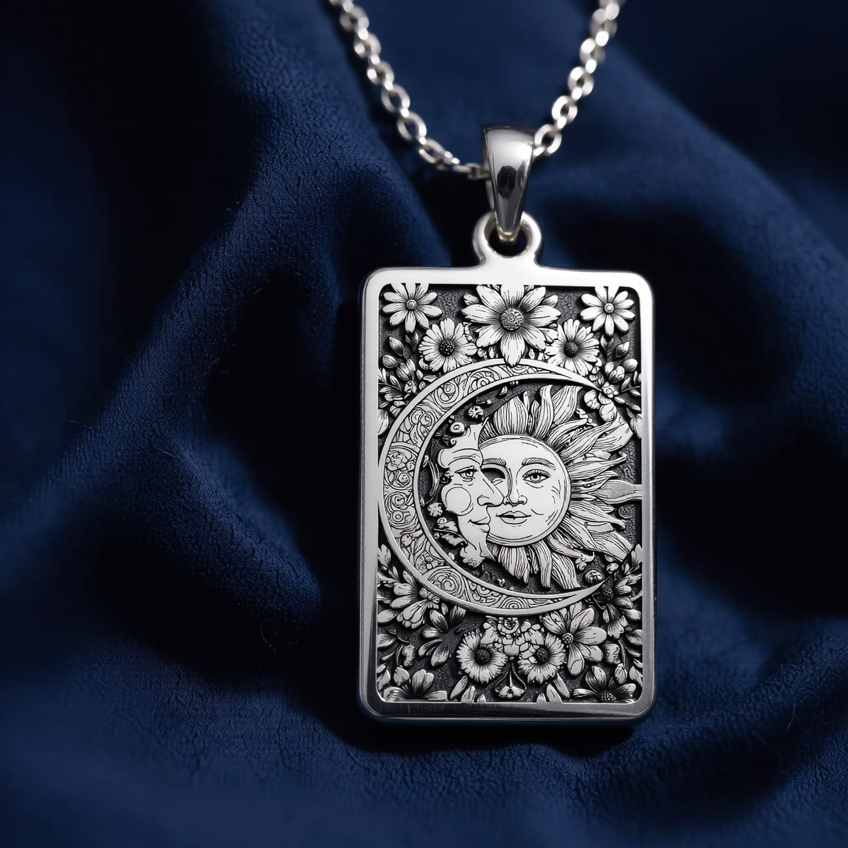 Sterling silver Sun Moon Celestial Pendant: rectangular  sun moon celestial duality wit...
