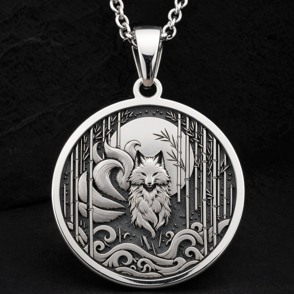 Sterling silver Nine: round  Japanese folklore Nine-Tailed Fox Kitsune with nine flowin...