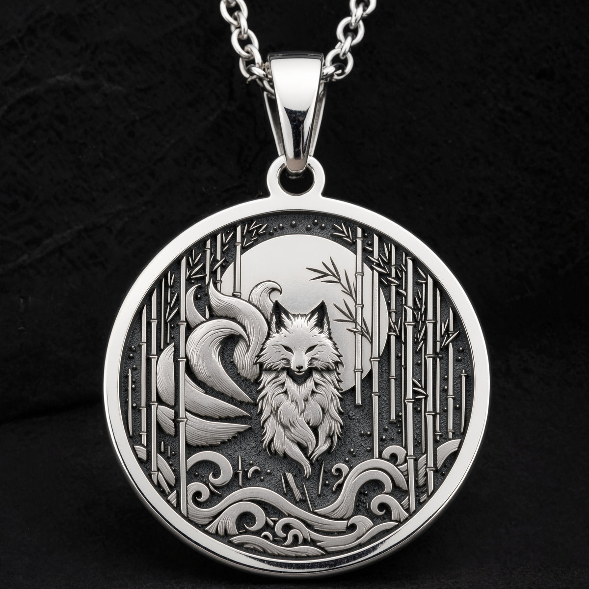 Sterling silver Nine: round  Japanese folklore Nine-Tailed Fox Kitsune with nine flowin...
