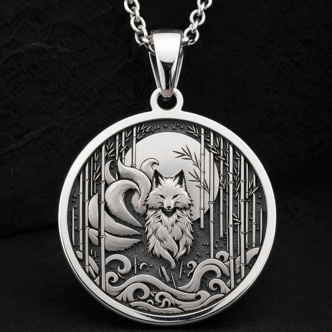 Sterling silver Nine: round  Japanese folklore Nine-Tailed Fox Kitsune with nine flowin...