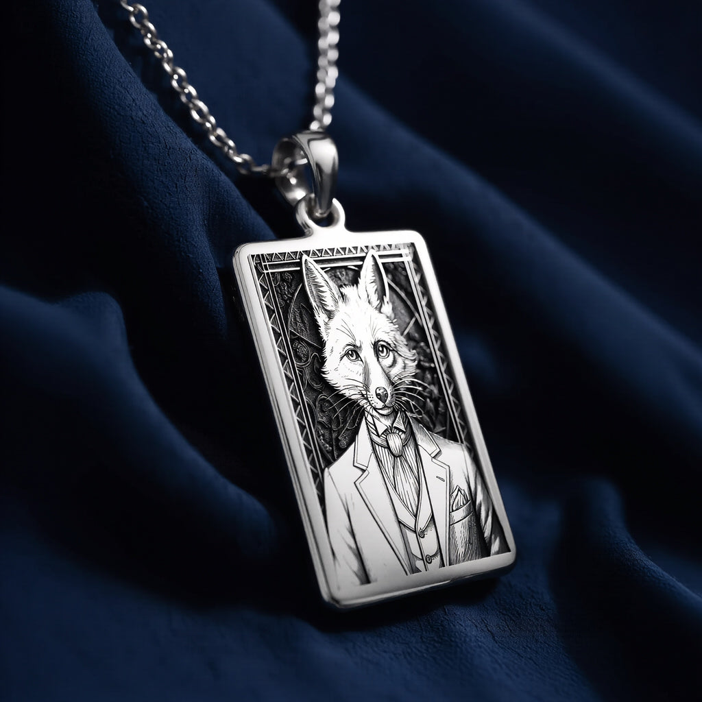 A striking 925 sterling silver tarot card pendant of a Victorian fox. This piece of whimsical jewelry is inspired by literary characters like Reynard the Fox.