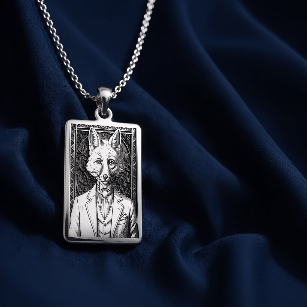 A handcrafted 925 sterling silver sly fox charm in a rectangular shape. This personalized piece of anthropomorphic jewelry is a standout accessory for an admirer of the trickster archetype.