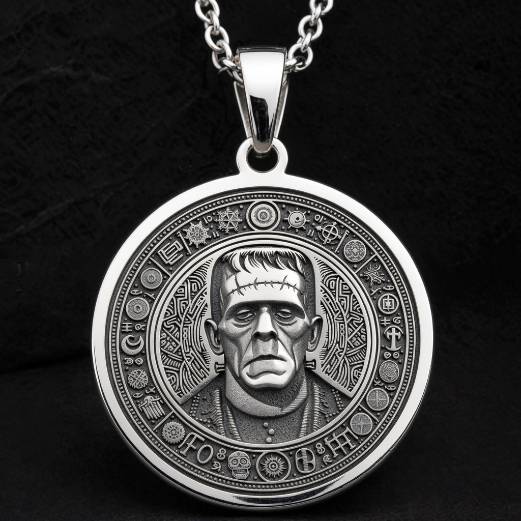 Frankenstein Monster Amulet Pendant Necklaces 925 925 Sterling Silver round medallion pendant featuring a detailed classical portrait design.