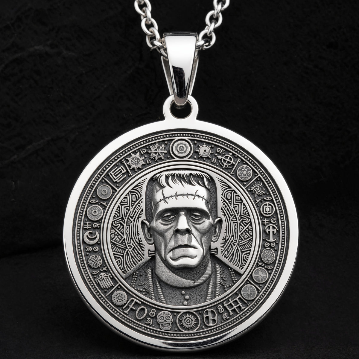 Frankenstein Monster Amulet Pendant Necklaces 925 925 Sterling Silver round medallion pendant featuring a detailed classical portrait design.