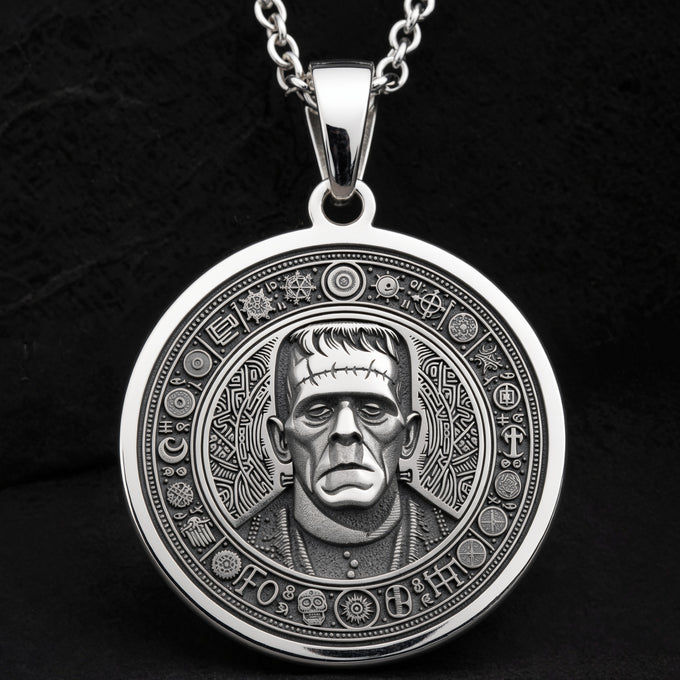 Frankenstein Monster Amulet Pendant Necklaces 925 925 Sterling Silver round medallion pendant featuring a detailed classical portrait design.