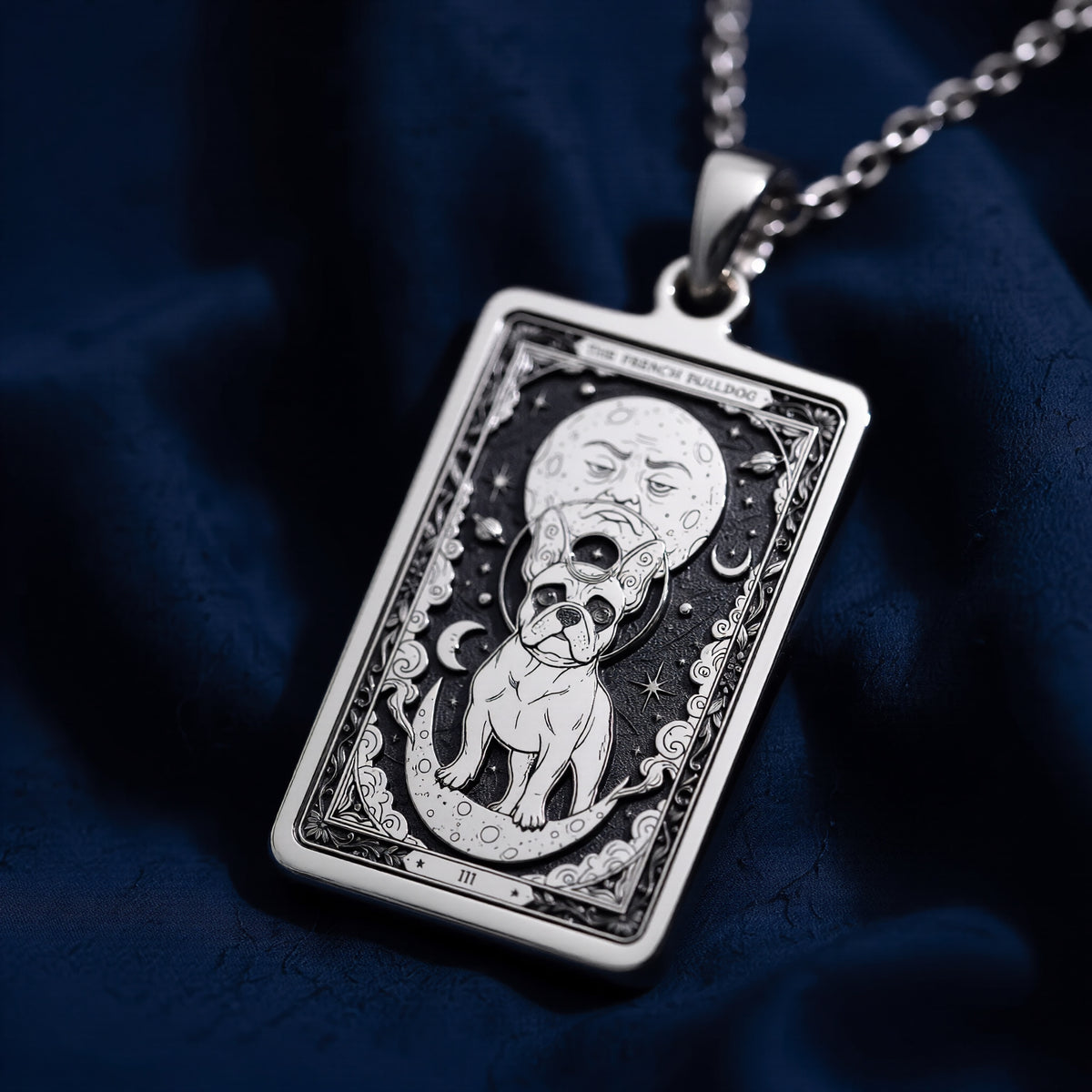 A personalized 925 sterling silver French Bulldog necklace. This gift celebrates the quirky personality of the Frenchie, a cherished pet memorial keepsake.