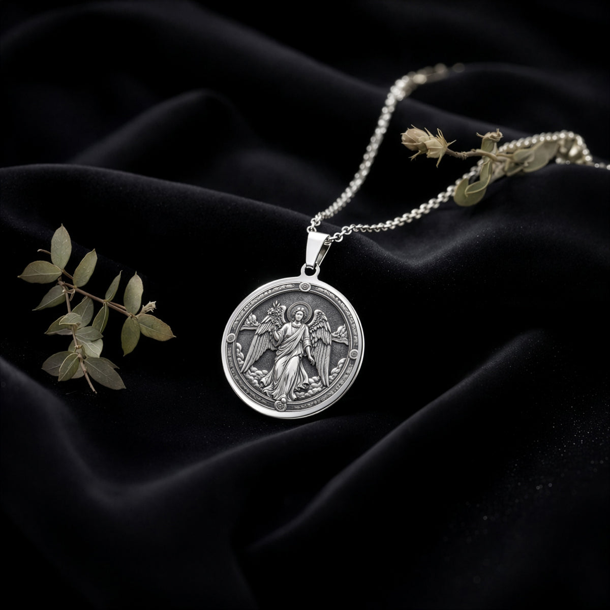 Archangel Gabriel Trumpet Medallion Necklace Pendants 925 925 Sterling Silver round pendant with winged angels design on a chain.