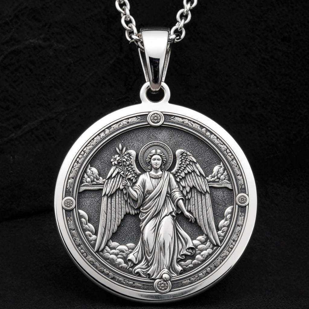 Archangel Gabriel Trumpet Medallion Necklace Pendants 925 925 Sterling Silver angel with wings circular pendant necklace