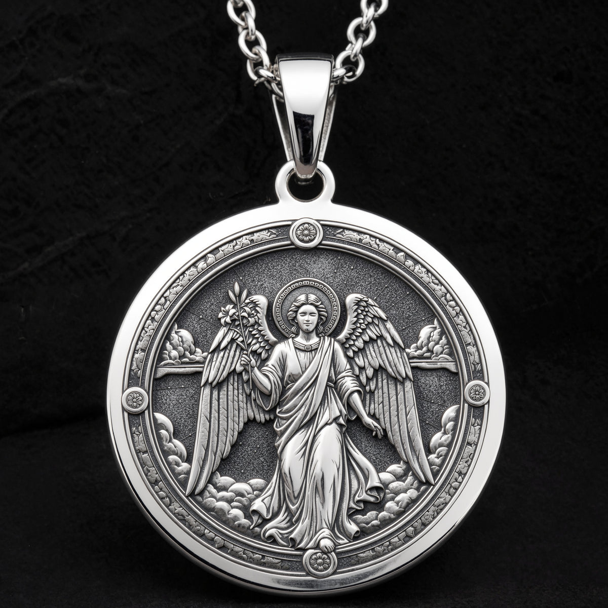 Archangel Gabriel Trumpet Medallion Necklace Pendants 925 925 Sterling Silver angel with wings circular pendant necklace