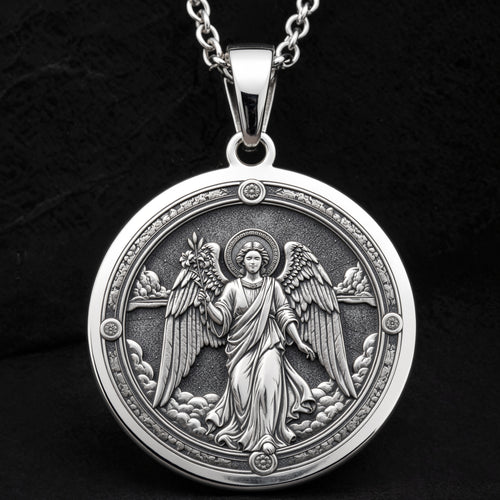 Archangel Gabriel Trumpet Medallion Necklace Pendants 925 925 Sterling Silver angel with wings circular pendant necklace