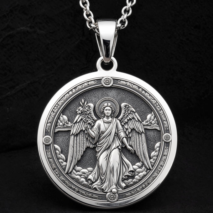 Archangel Gabriel Trumpet Medallion Necklace Pendants 925 925 Sterling Silver angel with wings circular pendant necklace