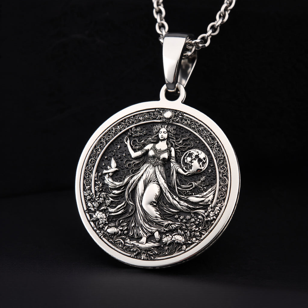Silver circular pendant featuring a detailed engraved design of a female figure with flowing robes and a crescent moon. The pendant hangs from a silver-toned chain over white fabric.