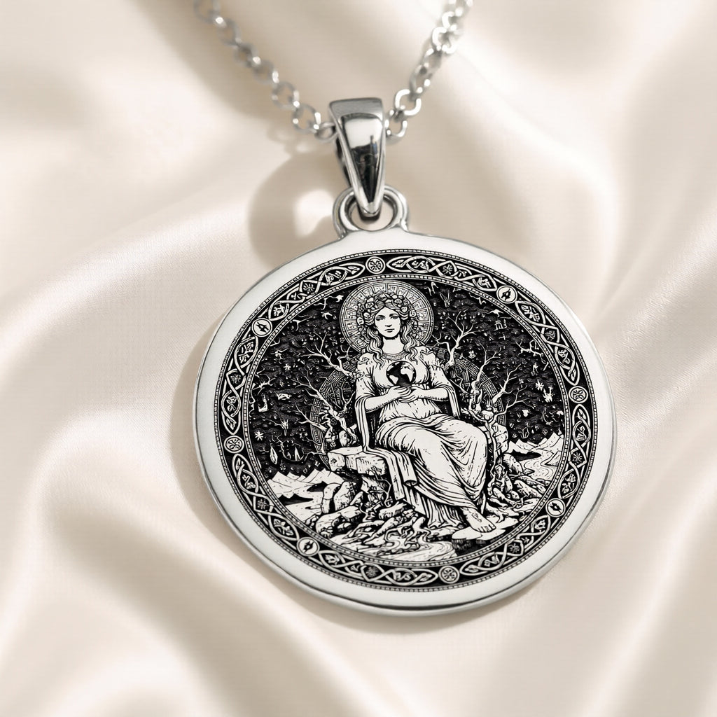 Gaia Earth Goddess Medallion Pendant — Solid 925 Sterling Silver front view
