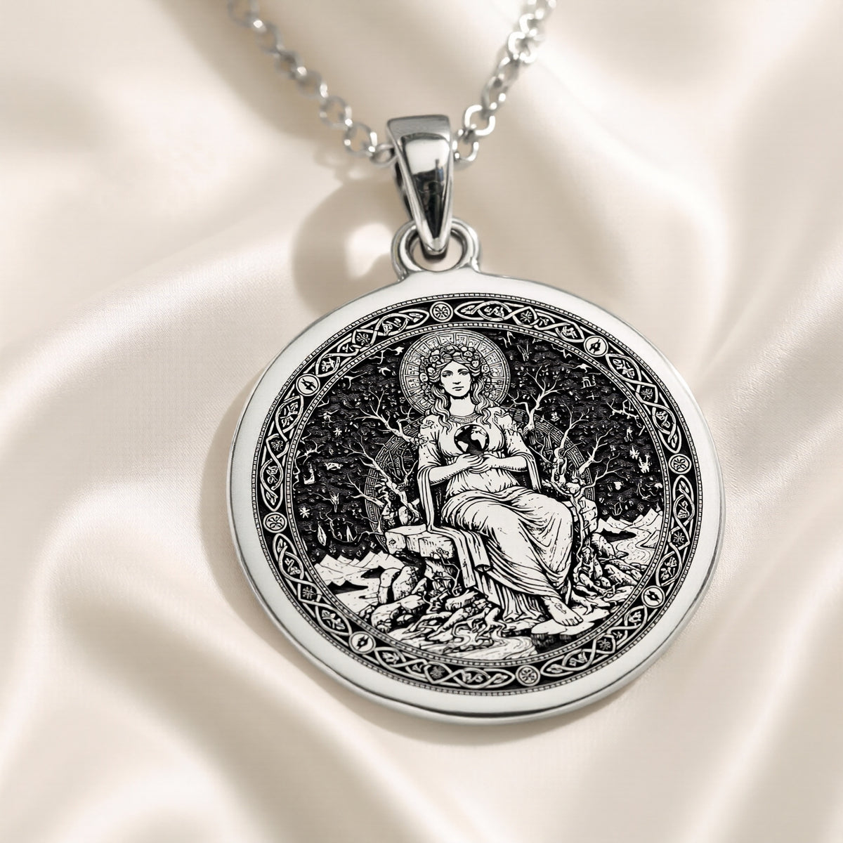 Gaia Earth Goddess Medallion Pendant — Solid 925 Sterling Silver front view