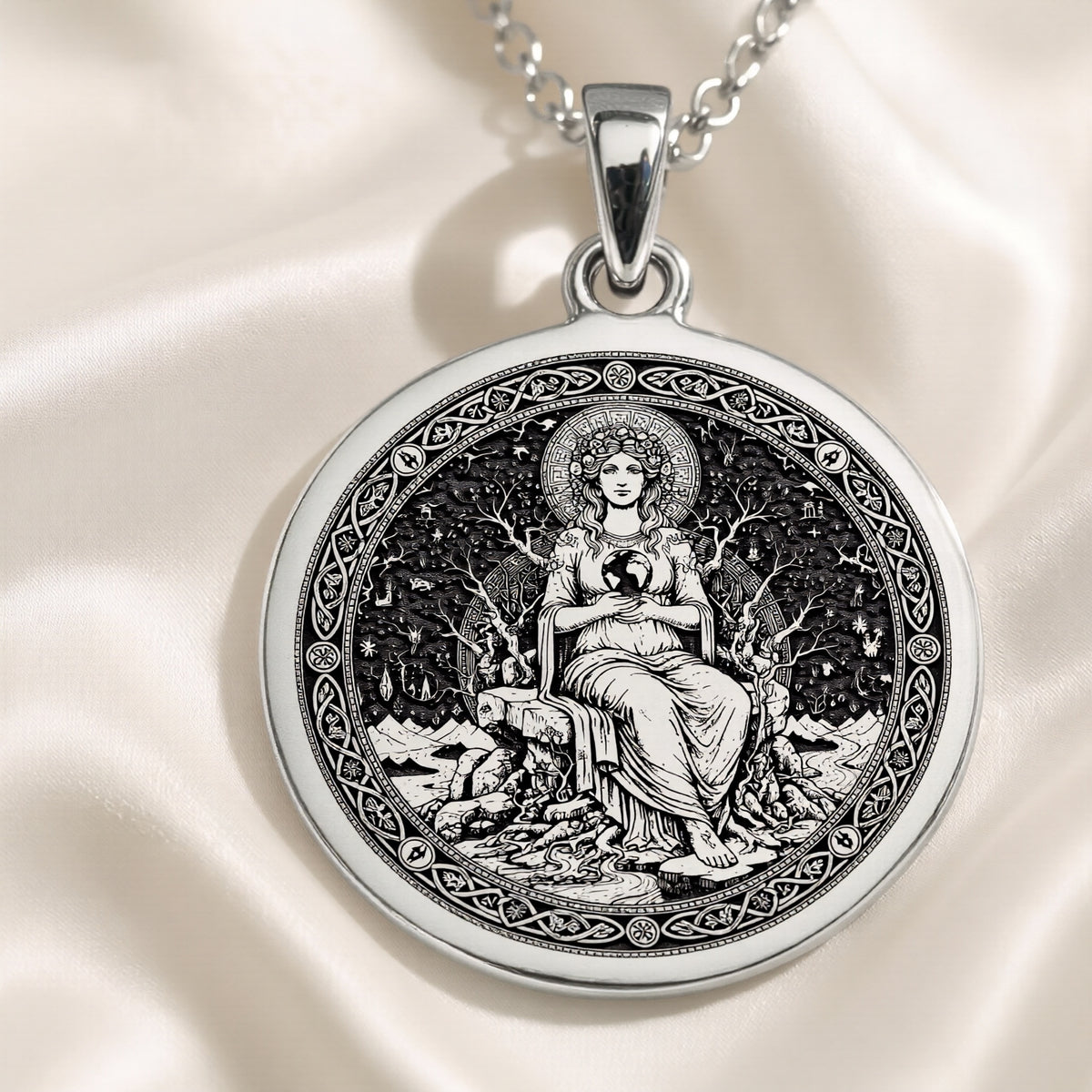 Gaia Earth Goddess Medallion Pendant — Solid 925 Sterling Silver angled engraving detail