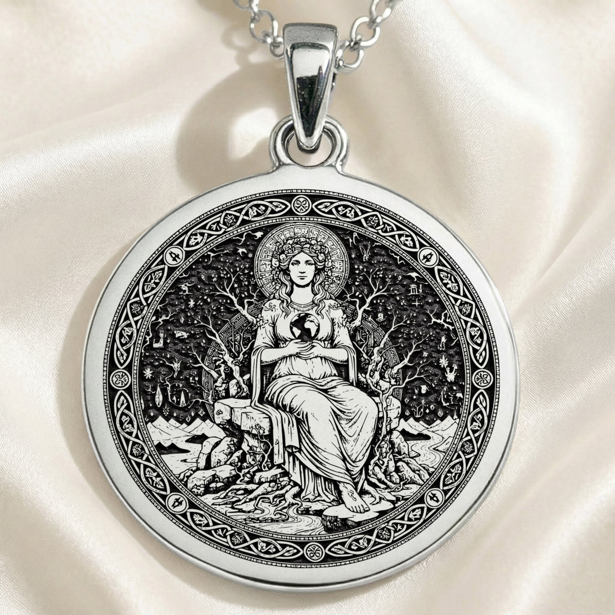 Gaia Earth Goddess Medallion Pendant — Solid 925 Sterling Silver scale & profile view