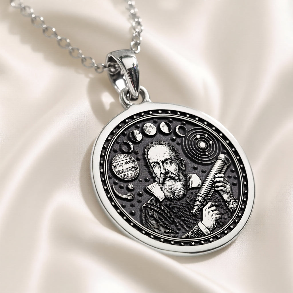 Silver pendant featuring a detailed design of Galileo looking through a telescope, circular shape with an engraved surface finish. The pendant is displayed resting on a dark, textured fabric