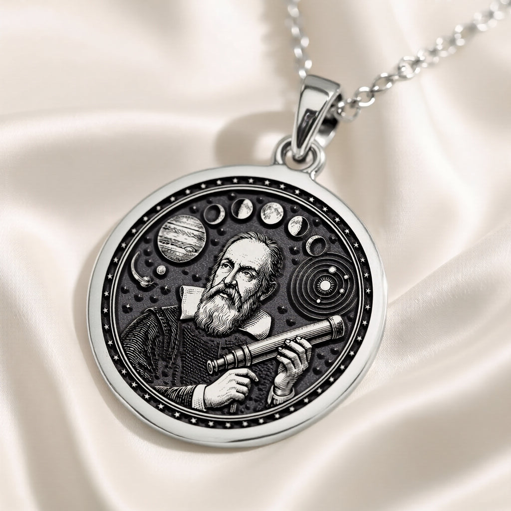 Silver pendant with an engraved circular design featuring an astronomical motif, viewed from above on a velvet surface