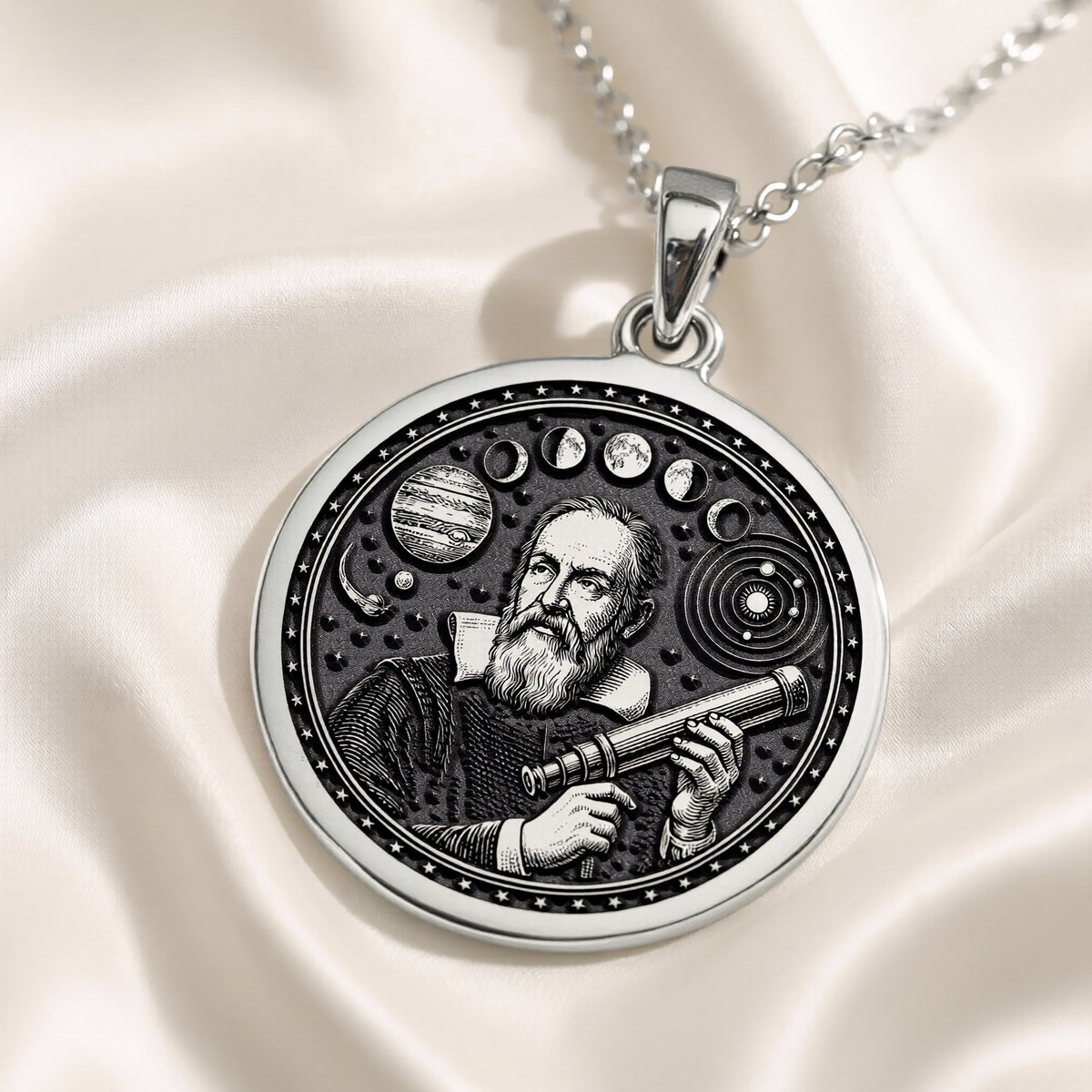 Galileo Necklace: Silver Father of Science, Astronomy Pendant