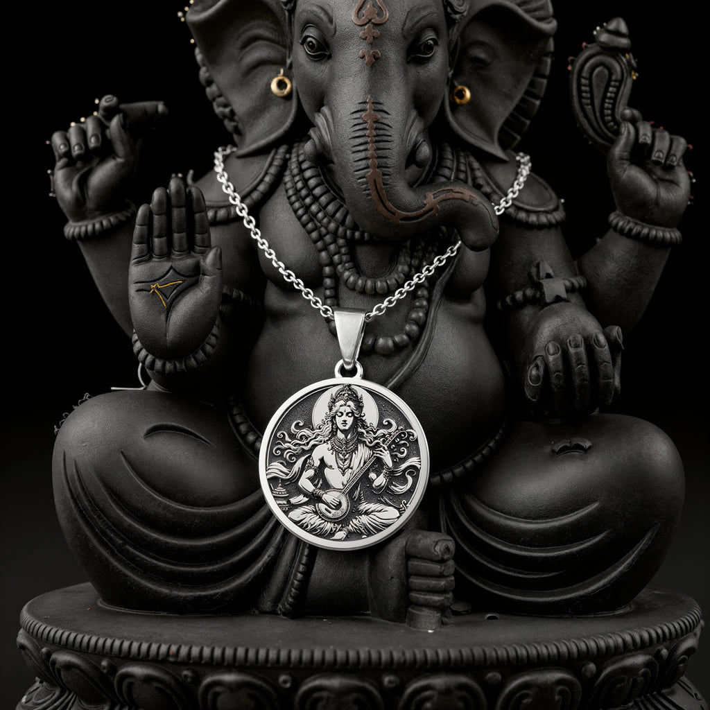 Gandharva Musician Pendant Necklace Necklaces 925 925 Sterling Silver Ganesha pendant necklace with circular design and detailed carving.
