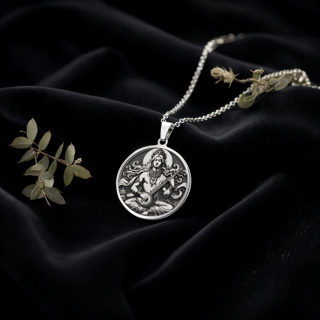 Gandharva Musician Pendant Necklace Necklaces 925 925 Sterling Silver round pendant featuring an ornate mythological female figure on a dark background.