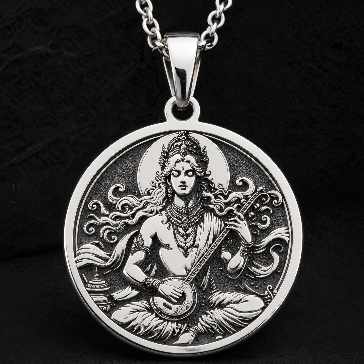 Gandharva Musician Pendant Necklace Necklaces 925 925 Sterling Silver round pendant featuring a seated mythological figure playing an instrument on a black background.