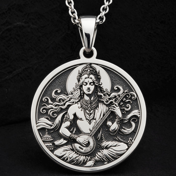 Gandharva Musician Pendant Necklace Necklaces 925 925 Sterling Silver round pendant featuring a seated mythological figure playing an instrument on a black background.