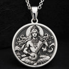 Gandharva Musician Pendant Necklace Necklaces 925 925 Sterling Silver round pendant featuring a seated mythological figure playing an instrument on a black background.