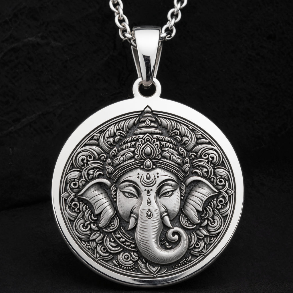 Ganesha God Necklace Necklaces 925 925 Sterling Silver Ganesha face pendant necklace with round shape and detailed carving.