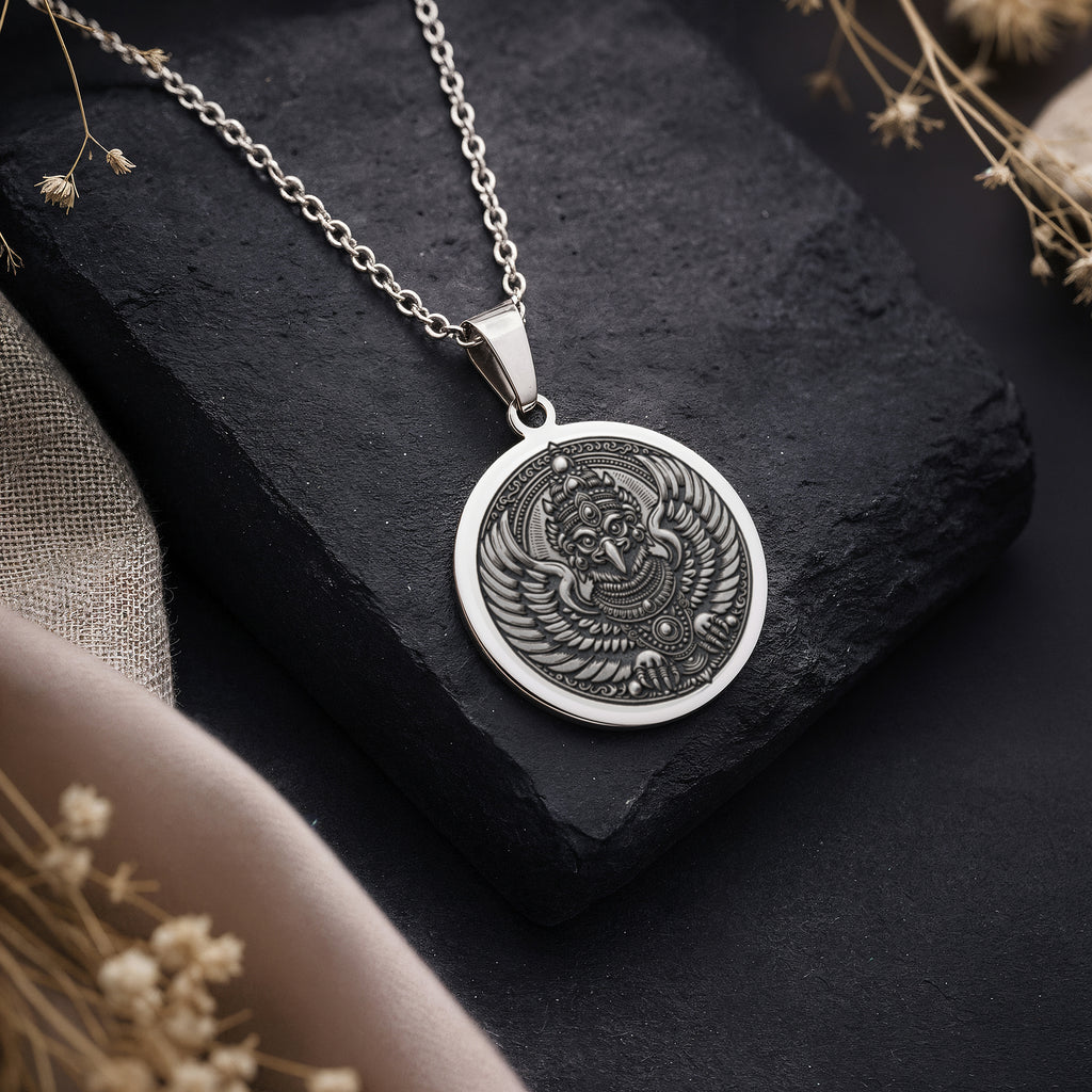 Garuda Bird Spiritual Amulet Necklace Necklaces 925 925 Sterling Silver ornate eagle pendant necklace with intricate detail on a dark background