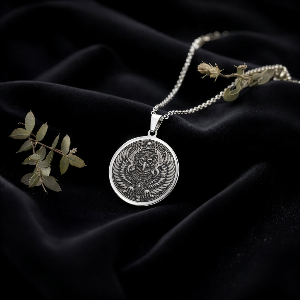 Garuda Bird Spiritual Amulet Necklace Necklaces 925 925 Sterling Silver sterling silver round pendant with an ornate eagle crest design necklace