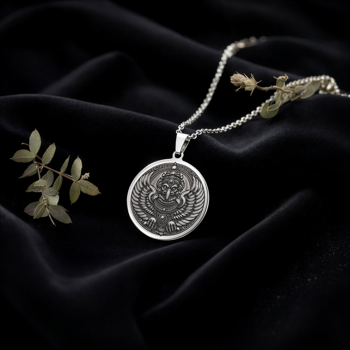 Garuda Bird Spiritual Amulet Necklace Necklaces 925 925 Sterling Silver sterling silver round pendant with an ornate eagle crest design necklace