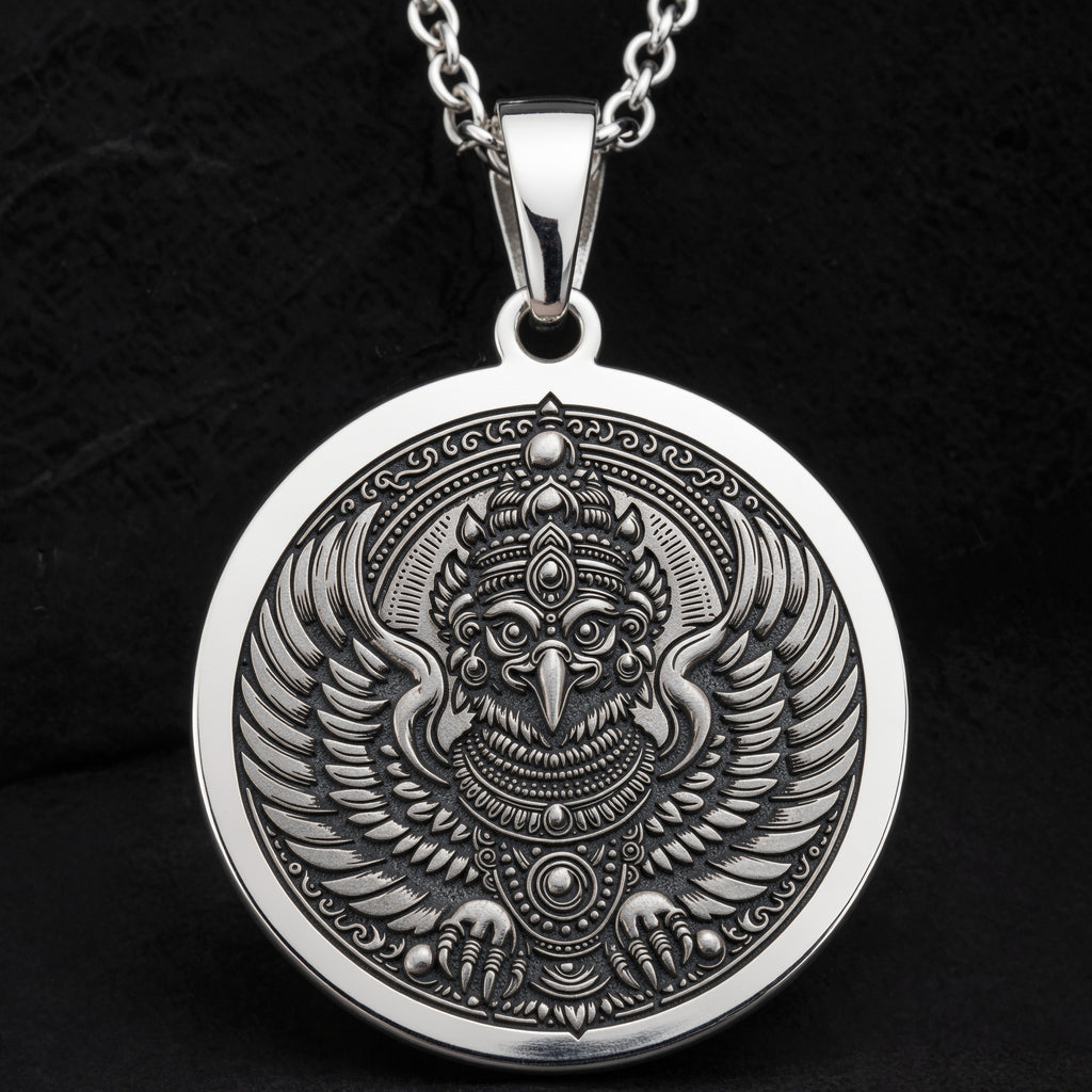 Garuda Bird Spiritual Amulet Necklace Necklaces 925 925 Sterling Silver round pendant necklace featuring an ornate eagle head design on a black background.