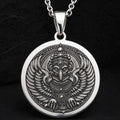 Garuda Bird Spiritual Protection Amulet Necklace — 925 Sterling Silver round medallion featuring deeply engraved Hindu mythic eagle motif